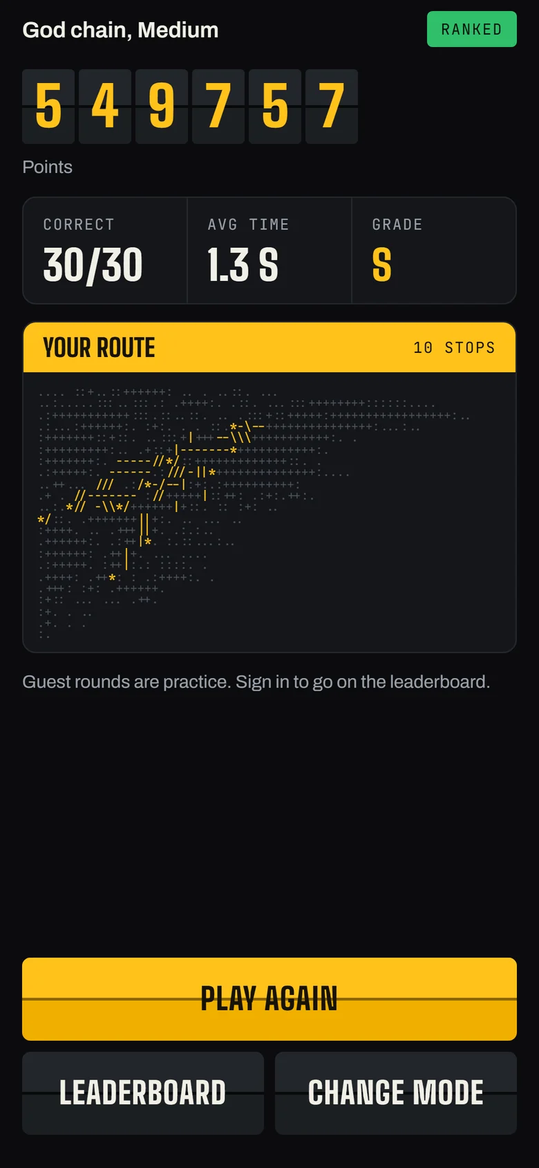 Results of a God chain round: 30 of 30 correct, average 1.3 seconds, grade S