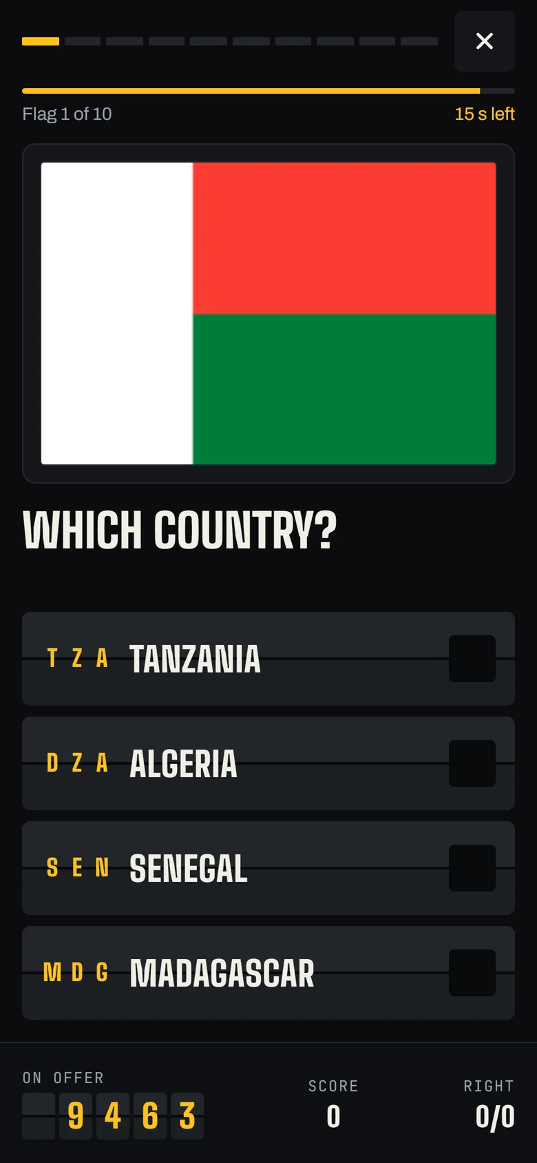 Flag to country question showing the flag of Madagascar with four country answers